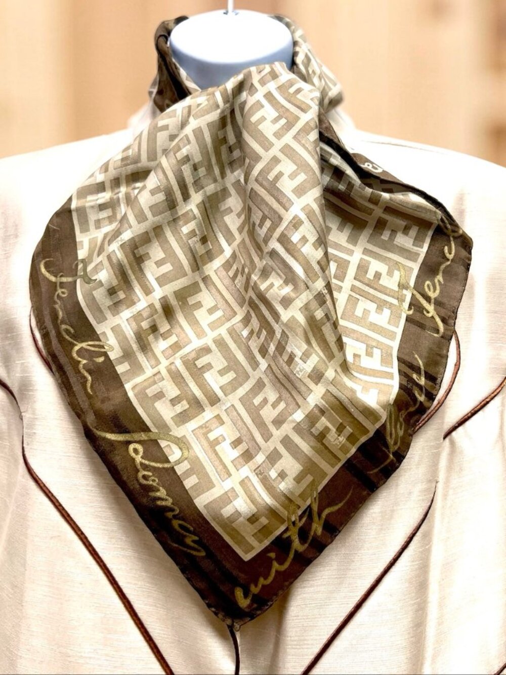 FENDI Zuca Mini Scarf/Bandana Silk 22.5" Beige Brown Logo FF Stiped (35 - Picture 3 of 13